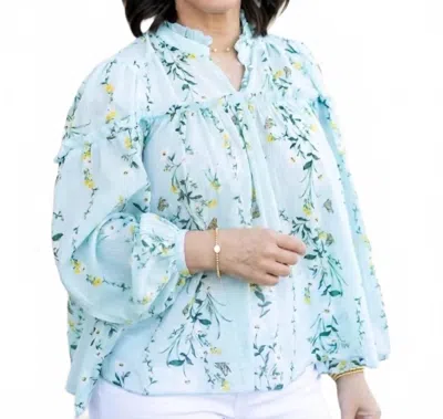Olivaceous Women's Sarai Floral Ruffle Neck Balloon Sleeve Top In Blue