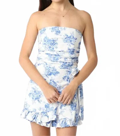 Olivaceous Women's Strapless Floral Ruffle Romper In White/blue