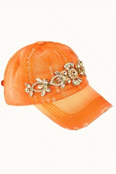Olive & Pique Women's Bejeweled Bling Glitz Distressed Cap In Orange