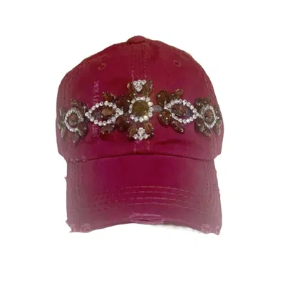 Olive & Pique Women's Bejeweled Distressed Cap In Burgundy In White