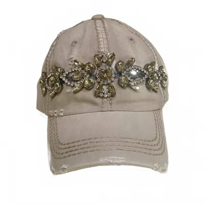 Olive & Pique Women's Bejeweled Distressed Glitz Cap & Adjustable With Leather Buckle In Khaki