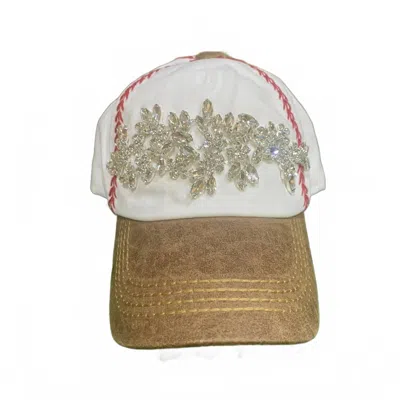 Olive & Pique Women's Glitz & Game Baseball Cap With Rhinestone Floral Vine In White/brown