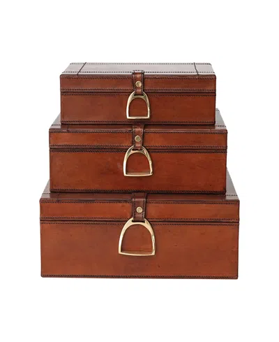 Olive Grove 3-piece Reclaimed Wood And Leather Nesting Boxes With Brass Closures And Flocked Interior In Cognac