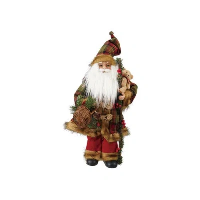 Olive Grove Artisan Santa Figurine With Bear And Festive Basket, Multicolor In Red