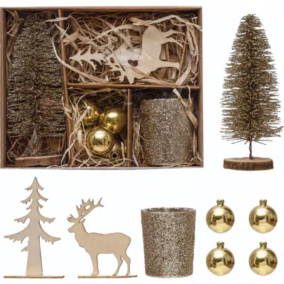 Olive Grove Candle Garden Kit With Bottle Brush Tree, Tealight, Set Of 8 In Brown