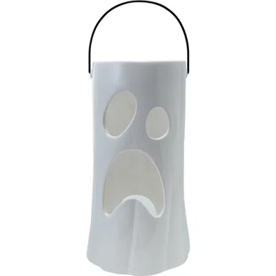Olive Grove Ceramic Lantern With Cut-out Ghost Face & Metal Handle, White In Gray