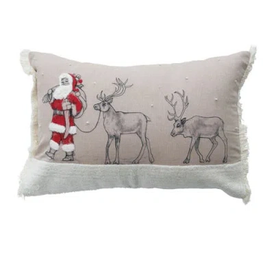 Olive Grove Chambray Printed Lumbar Pillow With Santa Leading Reindeer Image, Multicolor