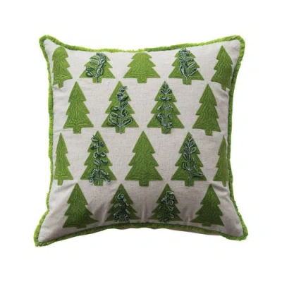 Olive Grove Cotton & Linen Pillow With Embroidered Tree Pattern, Natural & Green
