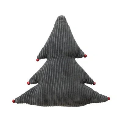 Olive Grove Cotton Corduroy Tree Shaped Pillow With Metal Jingle Bells, Grey & Red In Multi