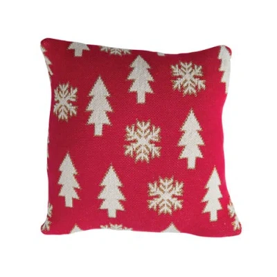 Olive Grove Cotton Knit Pillow With Tree & Snowflake Embroidery, Pink, White & Gold In Pink & White