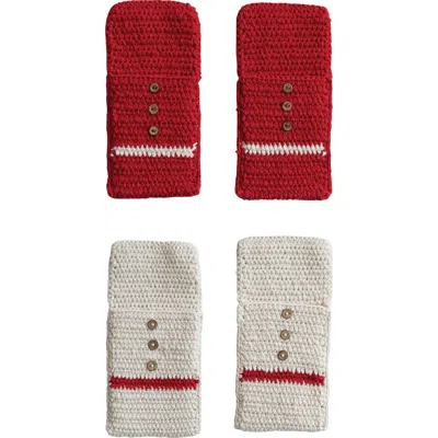 Olive Grove Crocheted Cutlery Sleeves With Coconut Shell Buttons, Set Of 4 In Red