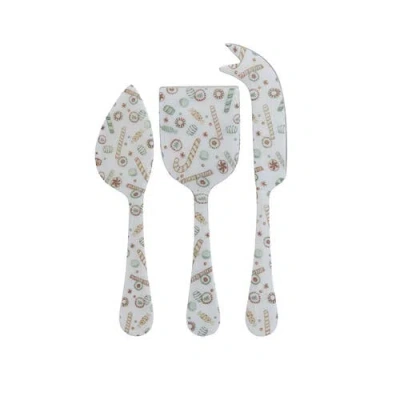 Olive Grove Enameled Stainless Steel Cheese Knives With Holiday Candy Pattern, Set Of 3 In White