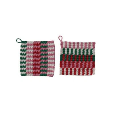 Olive Grove Hand-crocheted Cotton Stripe Pot Holder, Multicolor, Set Of 2