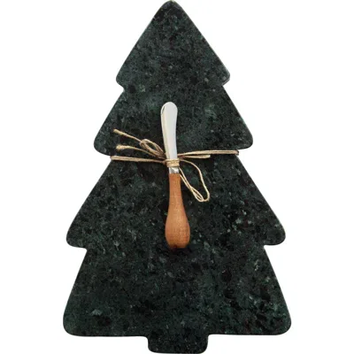 Olive Grove Marble Tree Shaped Cheese & Cutting Board With Canape Knife, Green & Natural