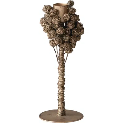 Olive Grove Metal Taper Holder With Wire Clusters, Brass Finish In Multi