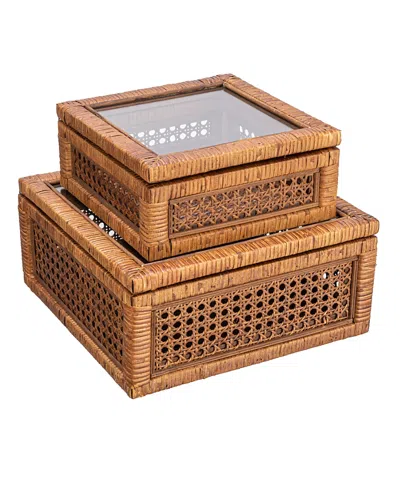 Olive Grove Modern Decorative Square Woven Rattan And Wood Display Boxes With Glass Top, Set Of 2 Sizes In Brown