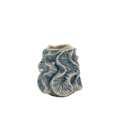 Olive Grove Organic Shaped Stoneware Vase With Wavy Pattern Exterior In Blue