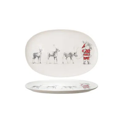 Olive Grove Oval Stoneware Serving Platter With Santa Leading Reindeer Image In Red/black And White