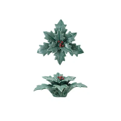 Olive Grove Reactive Glaze Dolomite Holly Leaves & Berries Figurine In Green