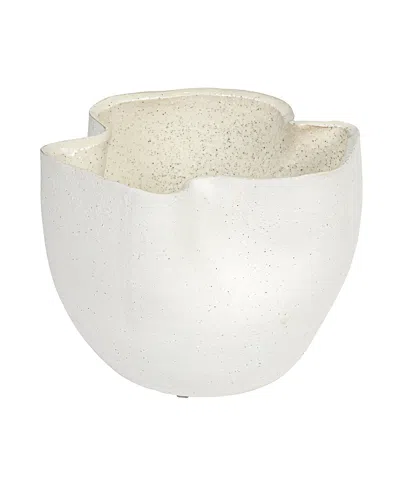 Olive Grove Stoneware Ruffled Planter With Sand Finish And Reactive Glaze In White