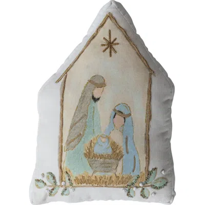Olive Grove Velvet Printed Pillow With Holy Family, French Knots & Beads, Multicolor