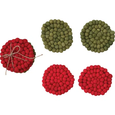 Olive Grove Wool Felt Ball Coasters, Red & Green, Set Of 4