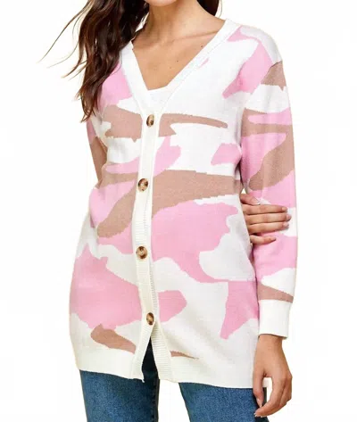 Olive Mauve Camo Sweater Cardigan In Enlighten Pink In Multi
