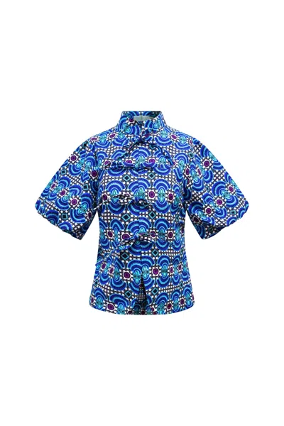 Oliveankara Women's Blue / Black / White Stephanie Cheongsam Top - Blue Ankara Wax Cotton Print In Multi