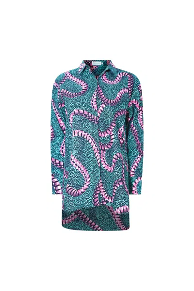 Oliveankara Women's Blue / Pink / Purple Makini Oversized Shirt - Turquoise & Pink African Ankara Wax Cotton Pri