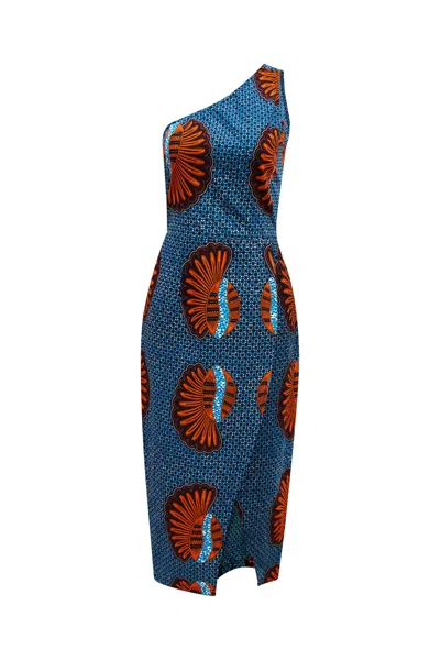 Oliveankara Women's Blue / Red Pili One Shoulder Dress - Blue Shell African Ankara Wax Cotton Print In Multi