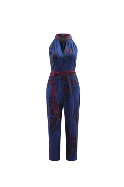 Oliveankara Women's Blue / Red Tuki Keyhole Jumpsuit - Navy Blue African Ankara Wax Cotton Print
