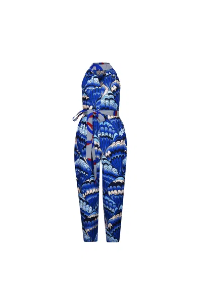 Oliveankara Women's Blue / White Tuki Keyhole Jumpsuit - Blue White Feathers African Ankara Wax Cotton Print In Blue/white