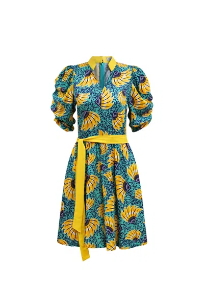 Oliveankara Women's Blue / Yellow Gozie Dress - Yellow Cyan Sunkissed Maized Print In Multi
