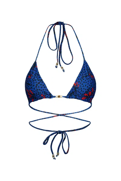Oliveankara Women's Blue / Yellow / Orange Triangle Reversi Bikini Top Blue And Sunset Orange Afterglow Print In Blue/yellow/orange