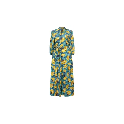 Oliveankara Women's Blue / Yellow / Orange Yumna Midi Dress - Yellow Cyan Sunkissed Maized Print - Ilc Oa Og In Blue/yellow/orange