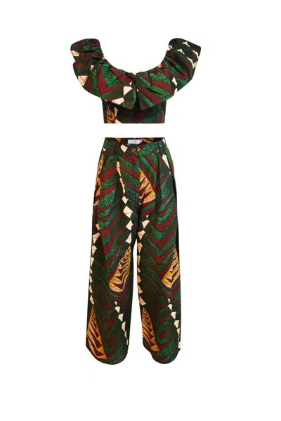 Oliveankara Women's Gold / Green Adaora Wide Leg Twin Set - Green Sangria African Ankara Wax Cotton Print In Multi