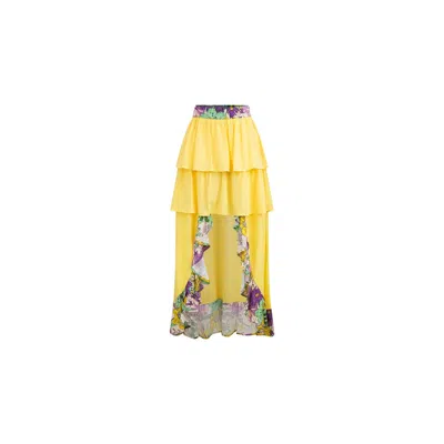 Oliveankara Women's Green / Pink / Purple Safira Tiered Ruffle Skirt - Yellow Pink Garden Mosaic Print - Ilc Oa In Green/pink/purple
