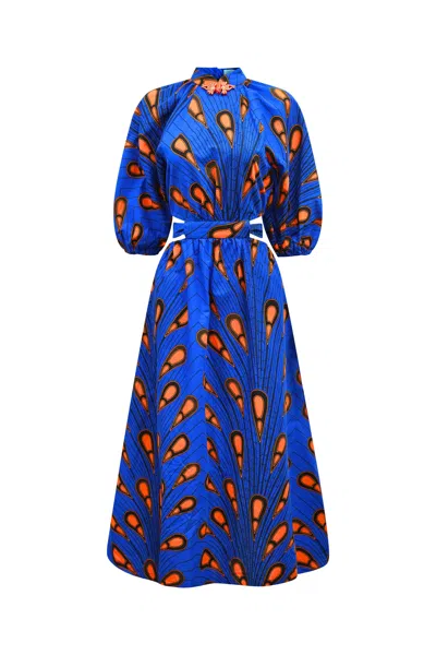 Oliveankara Women's Orange / Blue Rosemary Maxi Dress - Orange Blue Peacock African Ankara Wax Cotton Print In Multi