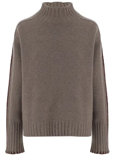 Oliver Lattughi High Neck Cashmere Sweater With Ribbed Details In Brown