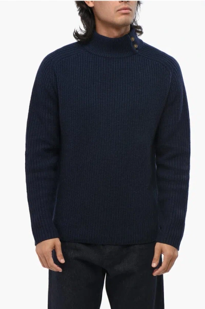 Oliver Lattughi Wool And Cashmere Turtleneck Sweater With Buttons In Blue