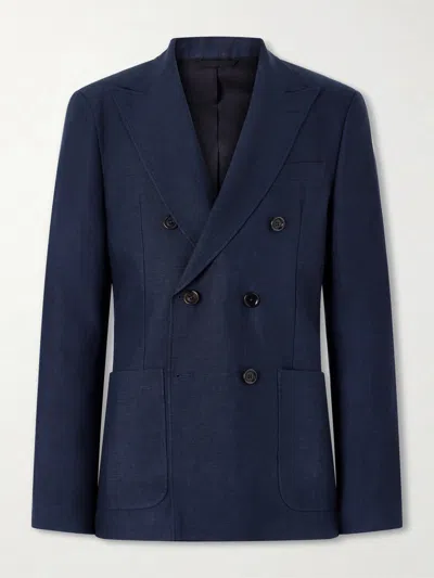 Oliver Spencer Double-breasted Linen, Virgin Wool And Cotton-blend Suit Jacket In Blue