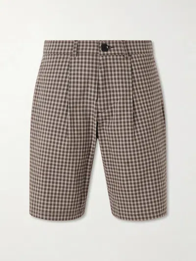 Oliver Spencer Leaman Straight-leg Pleated Checked Cotton-blend Shorts In Brown