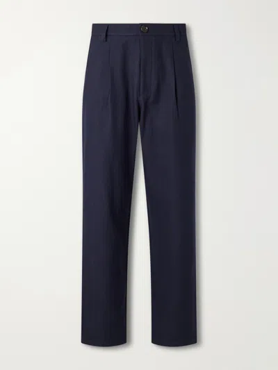 Oliver Spencer Morton Straight-leg Pleated Cotton And Wool-blend Suit Trousers In Blue