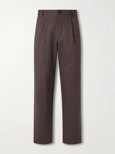 Oliver Spencer Morton Straight-leg Pleated Herringbone Stretch-cotton Suit Trousers In Brown