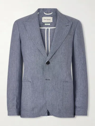 Oliver Spencer Wilkins Pinstriped Linen Suit Jacket In Blue