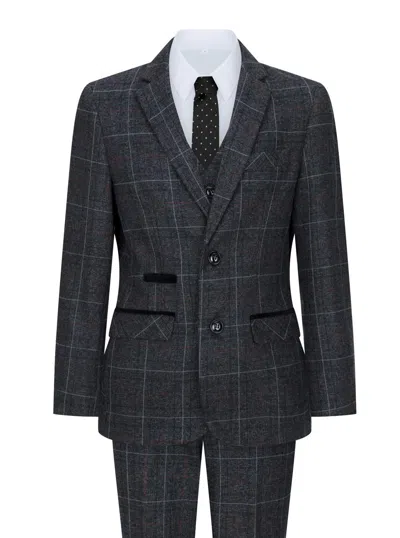 Oliver Tweed Kids' Boys 3 Piece Charcoal Grey Tweed Check Vintage Retro Suit In Gray