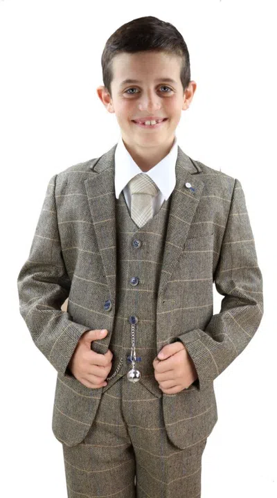 Oliver Tweed Kids' Boys 3 Piece Tan Brown Herringbone Tweed Check Classic Suit