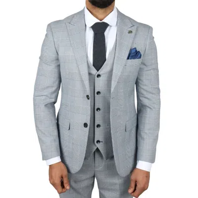 Oliver Tweed Infinity Leather Men's Blue Checked 3 Piece Suit Tailored Fit Suit Formal Wedding
