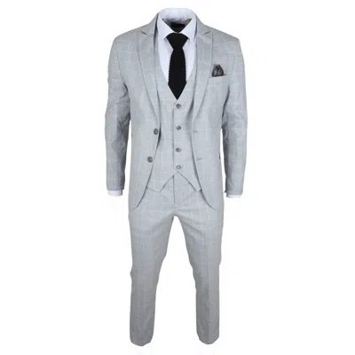 Oliver Tweed Infinity Leather Men's Grey Checked 3 Piece Suit Tailored Fit In Gray