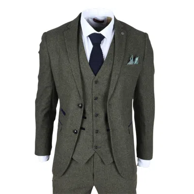 Oliver Tweed Infinity Leather Men's Olive Green Wool Blend Tweed Formal Blazer